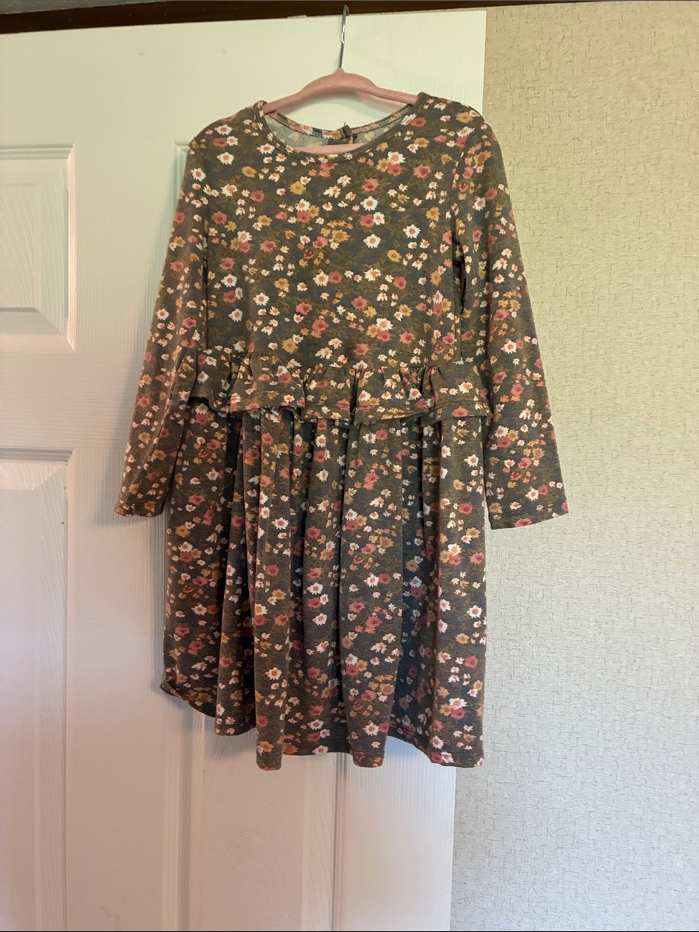 Bonnie Jean Girls' Floral Ruffle Waist Dress - Olive Green